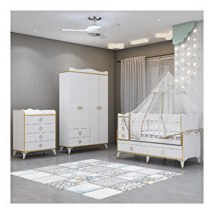 Alya Gold Yıldız 4 Şifonyer Bebek Odası Yatak Uyku Seti Kombin Uyku Seti Beyaz