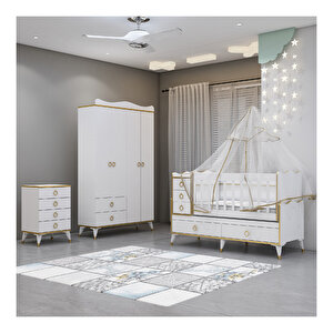 Alya Gold Yıldız 4 Komodin Bebek Odası Yatak Uyku Seti Kombin Uyku Seti Beyaz