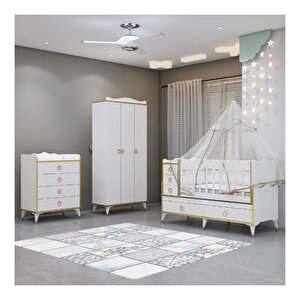 Alya Gold Yıldız 3 Şifonyer Bebek Odası Yatak Uyku Setikombinli Uyku Seti Beyaz