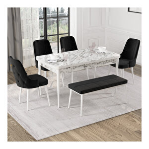 Alya Beyaz Mermer Desenli Benchli Mdf 80x132 Cm Açılabilir 4 Sandalyeli Mutfak Masa Takımı Siyah