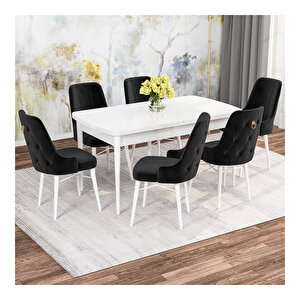 Mona Beyaz Mdf 80x132 Açılabilir 6 Sandalyeli Mutfak Masa Takımı Siyah