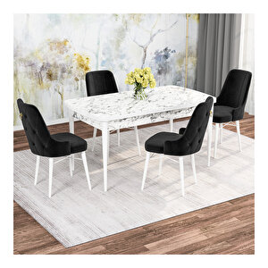 Mona Beyaz Mermer Desenli Mdf 80x132 Açılabilir 4 Sandalyeli Mutfak Masa Takımı Siyah