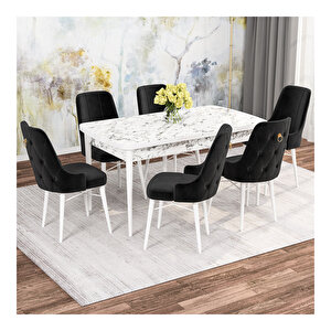 Mona Beyaz Mermer Desenli Mdf 80x132 Açılabilir 6 Sandalyeli Mutfak Masa Takımı Siyah