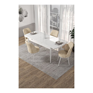 Kor Serisi, Beyaz Masa 70x114 Açılabilir Mutfak Masa Takımı, 4 Sandalye Krem