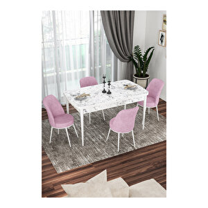 Kor Serisi, Beyaz Mermer Desen 70x114 Açılabilir Mutfak Masa Takımı, 4 Sandalye Pembe