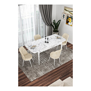 Kor Serisi, Beyaz Mermer Desen 70x114 Açılabilir Mutfak Masa Takımı, 4 Sandalye Krem