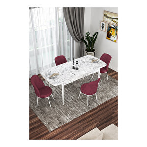 Kor Serisi, Beyaz Mermer Desen 70x114 Açılabilir Mutfak Masa Takımı, 4 Sandalye Bordo