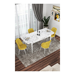 Kor Serisi, Beyaz Mermer Desen 70x114 Açılabilir Mutfak Masa Takımı, 4 Sandalye Hardal