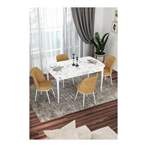 Kor Serisi, Beyaz Mermer Desen 70x114 Açılabilir Mutfak Masa Takımı, 4 Sandalye Cappucino