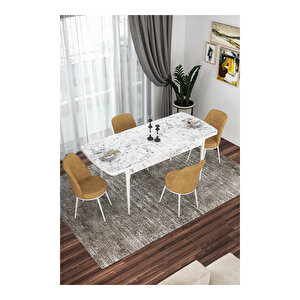 Kor Serisi, Beyaz Mermer Desen 70x114 Açılabilir Mutfak Masa Takımı, 4 Sandalye Cappucino