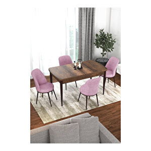 Kor Serisi Barok Ahşap Desen 70x114 Açılabilir Mutfak Masa Takımı, 4 Sandalye Pembe