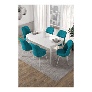 Kor Serisi, Beyaz Masa 70x114 Açılabilir Mutfak Masa Takımı, 6 Sandalye