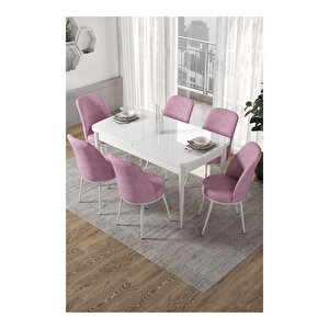 Kor Serisi, Beyaz Masa 70x114 Açılabilir Mutfak Masa Takımı, 6 Sandalye Pembe
