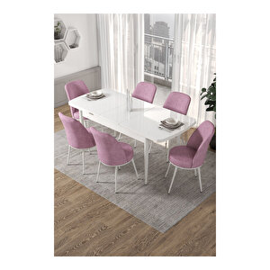 Kor Serisi, Beyaz Masa 70x114 Açılabilir Mutfak Masa Takımı, 6 Sandalye Pembe