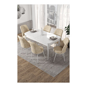 Kor Serisi, Beyaz Masa 70x114 Açılabilir Mutfak Masa Takımı, 6 Sandalye Krem