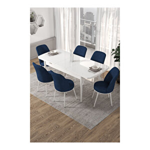 Kor Serisi, Beyaz Masa 70x114 Açılabilir Mutfak Masa Takımı, 6 Sandalye Lacivert