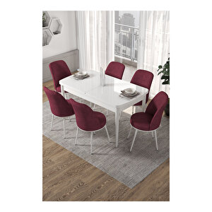 Kor Serisi, Beyaz Masa 70x114 Açılabilir Mutfak Masa Takımı, 6 Sandalye Bordo