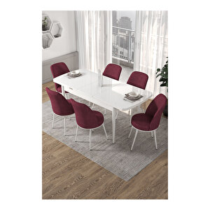 Kor Serisi, Beyaz Masa 70x114 Açılabilir Mutfak Masa Takımı, 6 Sandalye Bordo
