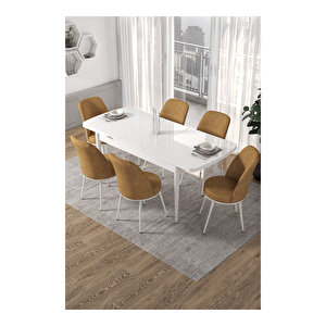 Kor Serisi, Beyaz Masa 70x114 Açılabilir Mutfak Masa Takımı, 6 Sandalye Cappucino