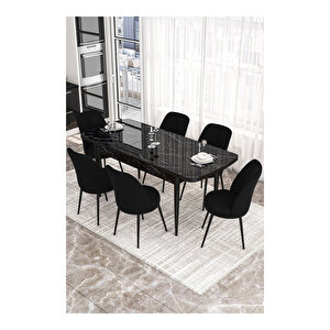 Kor Serisi, Siyah Mermer Desen 70x114 Açılabilir Mutfak Masa Takımı, 6 Sandalye