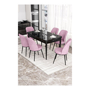 Kor Serisi, Beyaz Mermer Desen 70x114 Açılabilir Mutfak Masa Takımı, 6 Sandalye Pembe