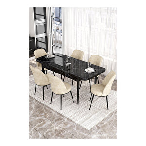 Kor Serisi, Beyaz Mermer Desen 70x114 Açılabilir Mutfak Masa Takımı, 6 Sandalye Krem