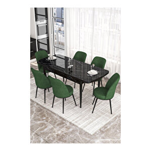 Kor Serisi, Beyaz Mermer Desen 70x114 Açılabilir Mutfak Masa Takımı, 6 Sandalye Su Yeşili