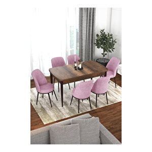 Kor Serisi Barok Ahşap Desen 70x114 Açılabilir Mutfak Masa Takımı, 6 Sandalye Pembe