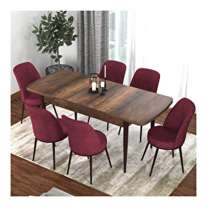 Kor Serisi Barok Ahşap Desen 70x114 Açılabilir Mutfak Masa Takımı, 6 Sandalye Bordo