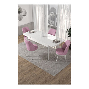 Via Serisi, Beyaz Masa 80x132 Açılabilir Mutfak Masa Takımı, 4 Sandalye Pembe