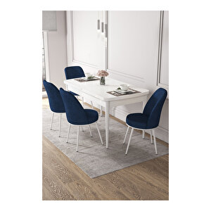 Via Serisi, Beyaz Masa 80x132 Açılabilir Mutfak Masa Takımı, 4 Sandalye Lacivert