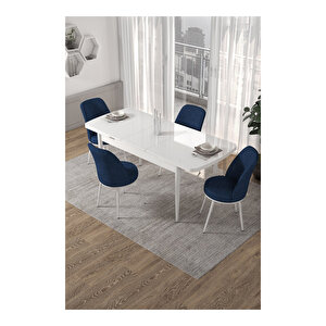 Via Serisi, Beyaz Masa 80x132 Açılabilir Mutfak Masa Takımı, 4 Sandalye Lacivert
