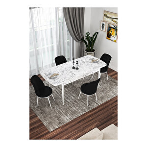 Via Serisi, Beyaz Mermer Desen Masa 80x132 Açılabilir Mutfak Masa Takımı, 4 Sandalye Siyah