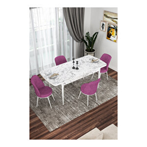 Via Serisi, Beyaz Mermer Desen Masa 80x132 Açılabilir Mutfak Masa Takımı, 4 Sandalye Mor