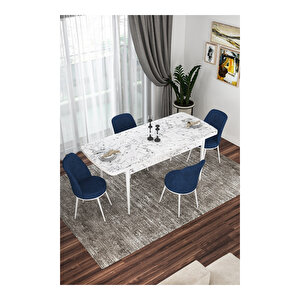 Via Serisi, Beyaz Mermer Desen Masa 80x132 Açılabilir Mutfak Masa Takımı, 4 Sandalye Lacivert