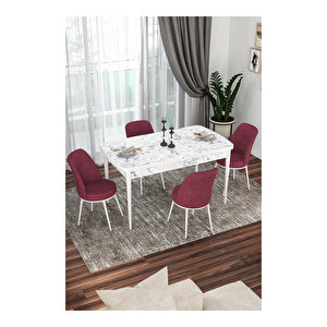 Via Serisi, Beyaz Mermer Desen Masa 80x132 Açılabilir Mutfak Masa Takımı, 4 Sandalye Bordo