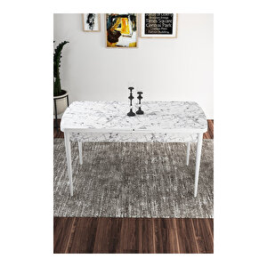 Via Serisi, Beyaz Mermer Desen Masa 80x132 Açılabilir Mutfak Masa Takımı, 4 Sandalye Bordo