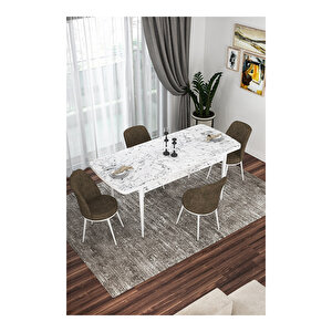 Via Serisi, Beyaz Mermer Desen Masa 80x132 Açılabilir Mutfak Masa Takımı, 4 Sandalye Kahverengi
