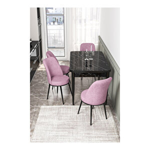 Via Serisi, Siyah Mermer Desen Masa 80x132 Açılabilir Mutfak Masa Takımı, 4 Sandalye Pembe