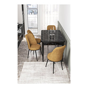 Via Serisi, Siyah Mermer Desen Masa 80x132 Açılabilir Mutfak Masa Takımı, 4 Sandalye Cappucino