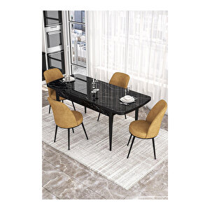 Via Serisi, Siyah Mermer Desen Masa 80x132 Açılabilir Mutfak Masa Takımı, 4 Sandalye Cappucino