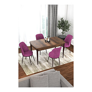 Via Serisi, Barok Ahşap Desen Masa 80x132 Açılabilir Mutfak Masa Takımı, 4 Sandalye Mor
