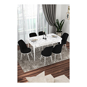 Via Serisi, Beyaz Mermer Desen Masa 80x132 Açılabilir Mutfak Masa Takımı, 6 Sandalye Siyah