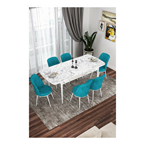 Via Serisi, Beyaz Mermer Desen Masa 80x132 Açılabilir Mutfak Masa Takımı, 6 Sandalye Turkuaz