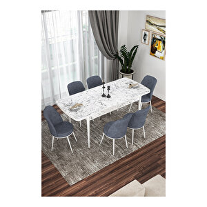 Via Serisi, Beyaz Mermer Desen Masa 80x132 Açılabilir Mutfak Masa Takımı, 6 Sandalye Füme
