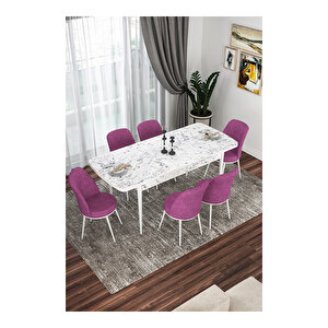 Via Serisi, Beyaz Mermer Desen Masa 80x132 Açılabilir Mutfak Masa Takımı, 6 Sandalye Mor
