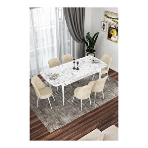 Via Serisi, Beyaz Mermer Desen Masa 80x132 Açılabilir Mutfak Masa Takımı, 6 Sandalye Krem
