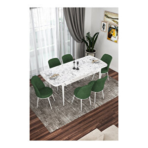 Via Serisi, Beyaz Mermer Desen Masa 80x132 Açılabilir Mutfak Masa Takımı, 6 Sandalye Su Yeşili