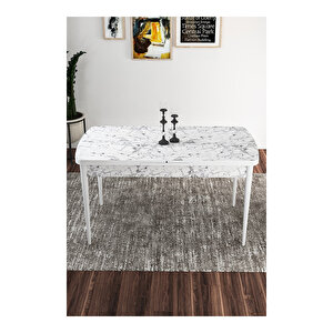 Via Serisi, Beyaz Mermer Desen Masa 80x132 Açılabilir Mutfak Masa Takımı, 6 Sandalye Bordo