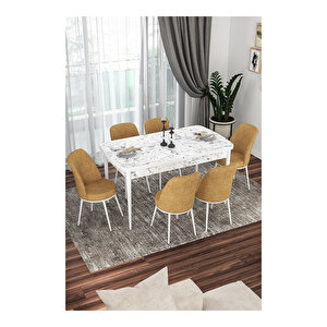 Via Serisi, Beyaz Mermer Desen Masa 80x132 Açılabilir Mutfak Masa Takımı, 6 Sandalye Cappucino